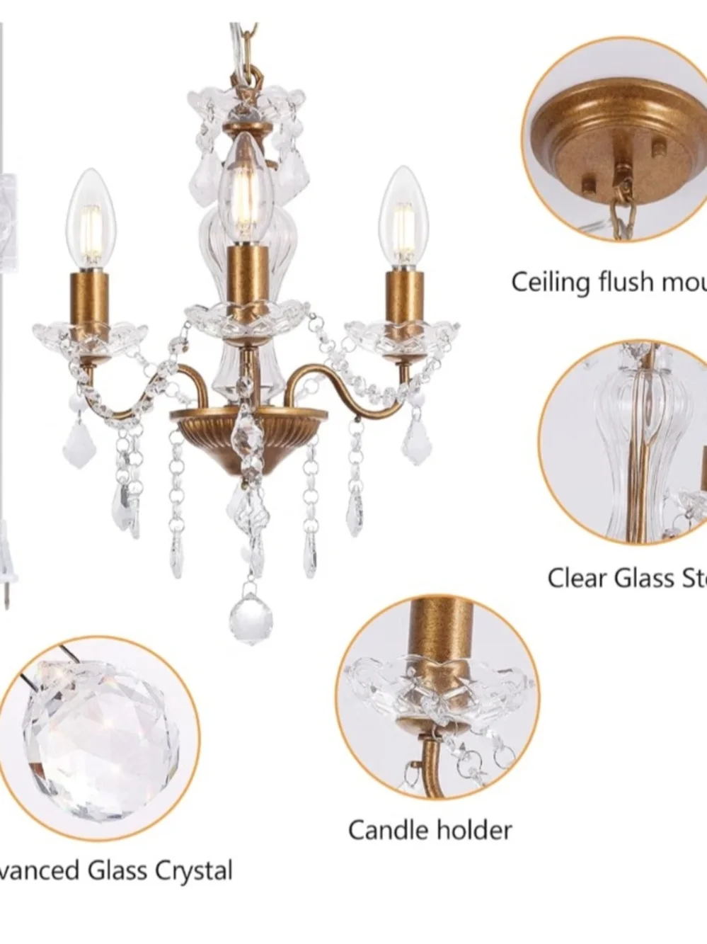 Crystal and Gold 3-Light Small Chandelier - NIB